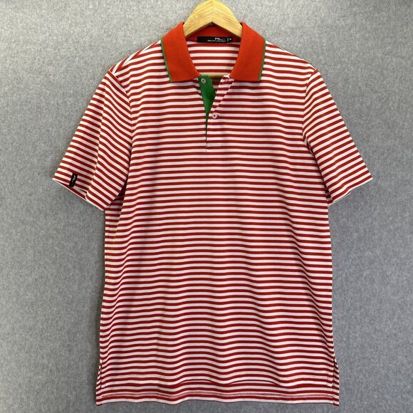 Men's RLX Ralph Lauren Polo Shirt Medium Maritime Orange White Striped Prep Golf - Picture 1 of 12